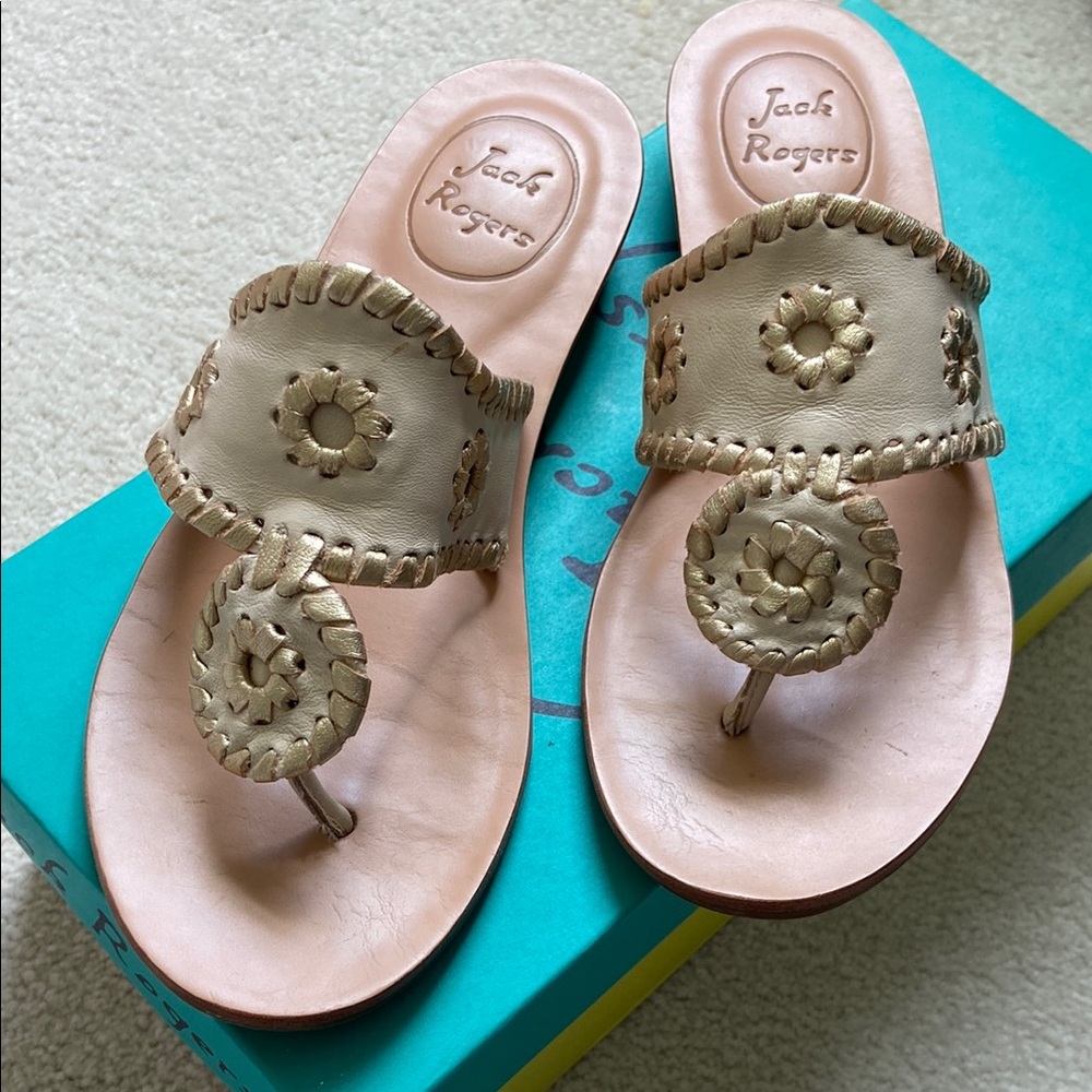Jack Rogers Original Capri Sandals in metallic gold and bone colorway